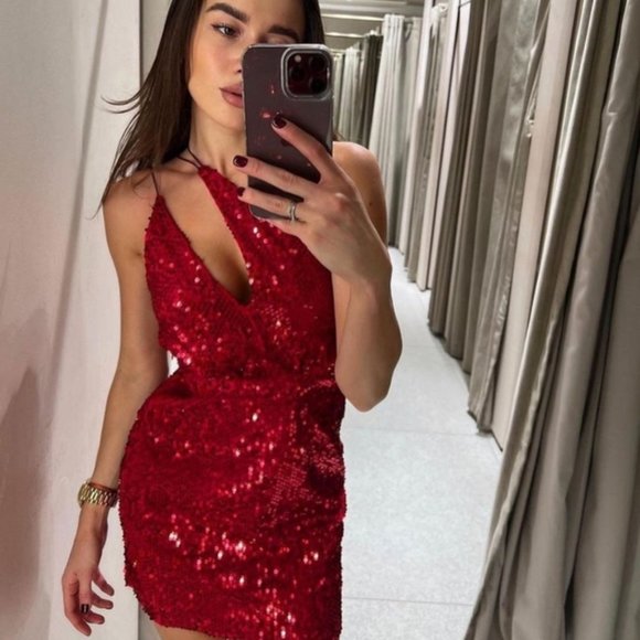 BLOGGER'S FAVE! Zara Red Velvet Sequin Mini Dress Sz XS, Large NWT - Picture 6 of 17